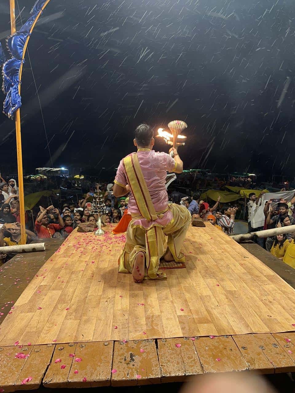 Ganga Aarti in rain at Varanasi ghats
